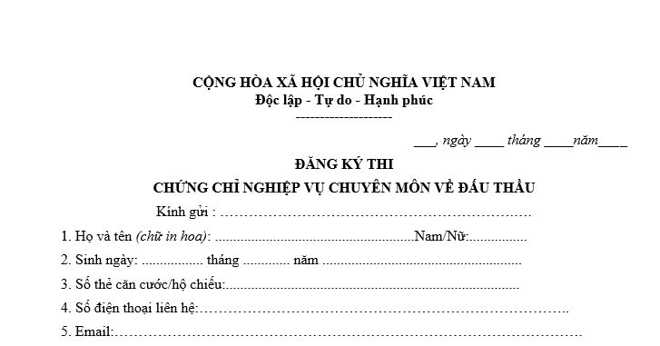 đơn đăng ký thi chứng chỉ nghiệp vụ chuyên môn về đấu thầu