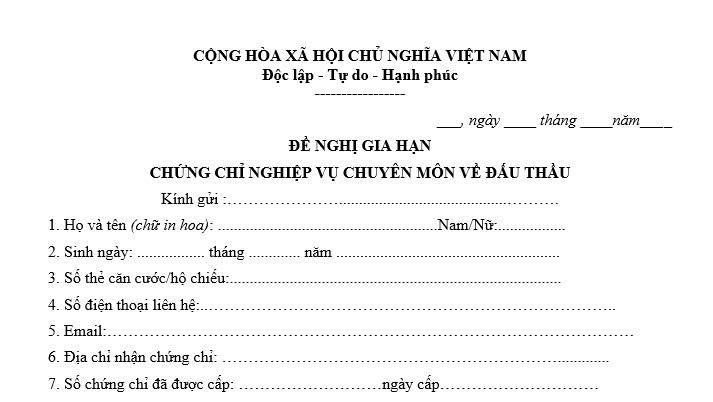 đề nghị cấp gia hạn chứng chỉ nghiệp vụ chuyên môn về đấu thầu