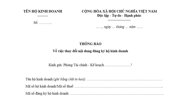 Thông báo về việc thay đổi nội dung đăng ký hộ kinh doanh