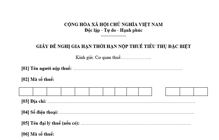 Mẫu Giấy đề nghị gia hạn thời hạn nộp thuế tiêu thụ đặc biệt đối với ô tô