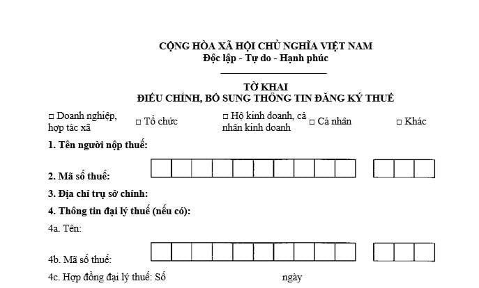 Mẫu Tờ khai điều chỉnh bổ sung thông tin đăng ký thuế năm 2025