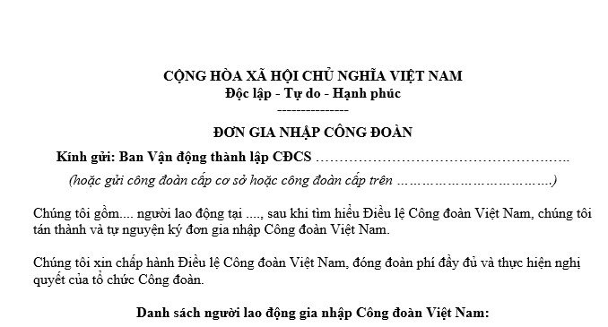 Mẫu đơn gia nhập công đoàn dành cho tập thể người lao động