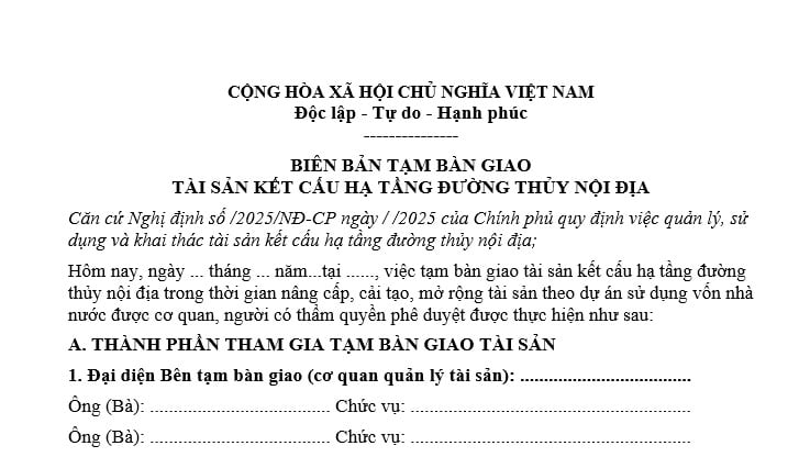 Biên bản tạm bàn giao tài sản kết cấu hạ tầng đường thủy nội địa