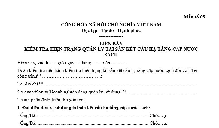 mẫu Biên bản kiểm tra hiện trạng quản lý tài sản kết cấu hạ tầng cấp nước sạch
