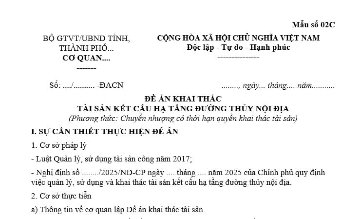 Đề án khai thác tài sản kết cấu hạ tầng đường thủy nội địa phương thức chuyển nhượng có thời hạn quyền khai thác