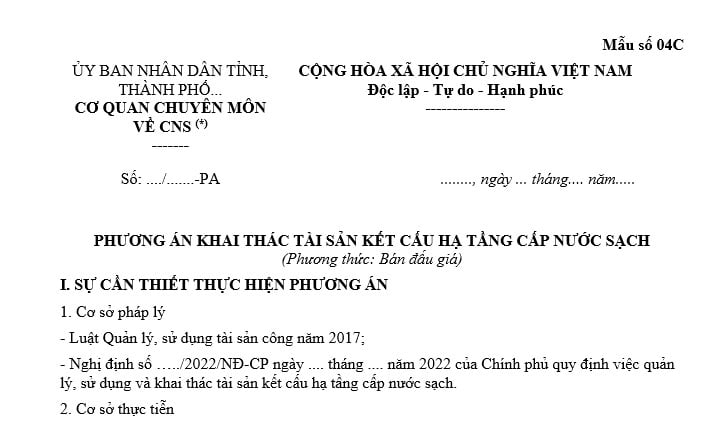 mẫu phương án khai thác tài sản kết cấu hạ tầng cấp nước sạch theo phương thức bán đấu giá