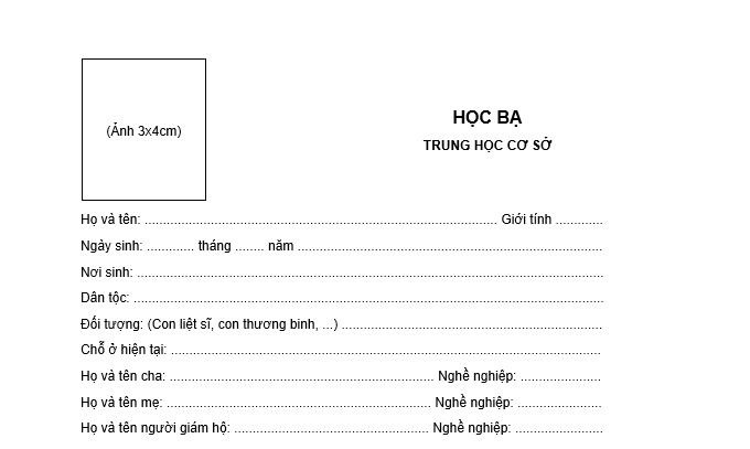 mẫu học bạ trung học cơ sở theo Thông tư 22