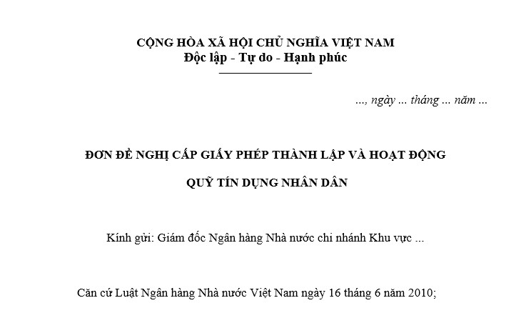 Đơn đề nghị cấp Giấy phép thành lập và hoạt động quỹ tín dụng nhân dân