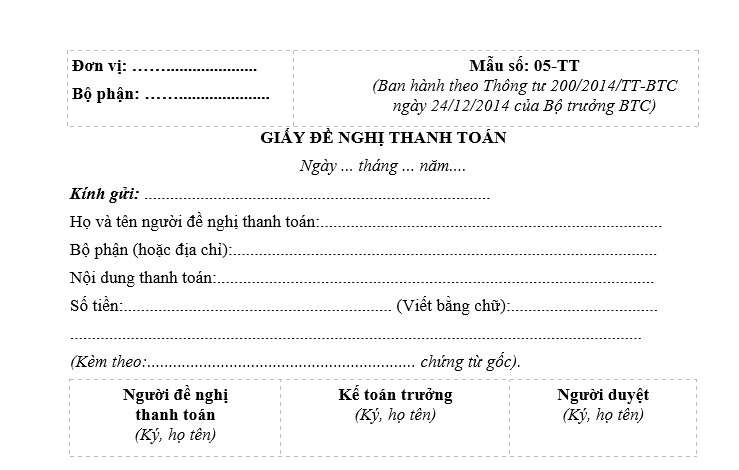 mẫu giấy đề nghị thanh toán