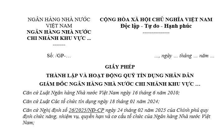 mẫu giấy phép cấp đổi Giấy phép thành lập và hoạt động quỹ tín dụng nhân dân