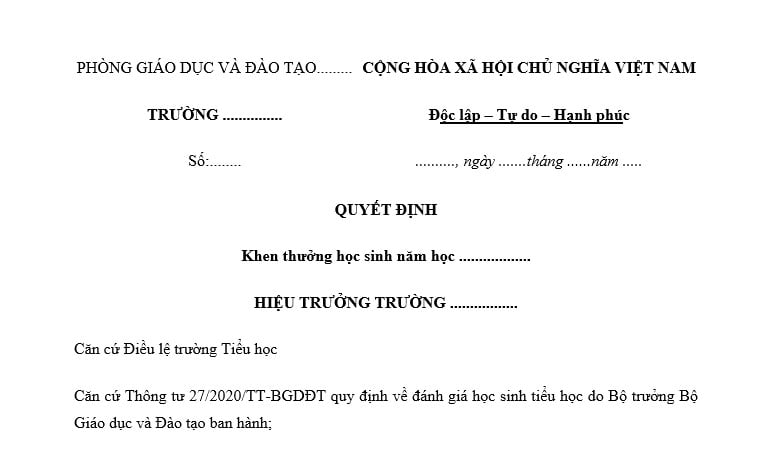 mẫu quyết định khen thưởng học sinh trường THCS