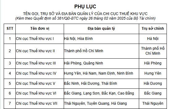 Phụ lục ban hành kèm theo Quyết định 381/QĐ-BTC năm 2025