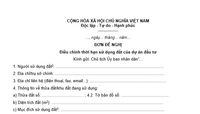 Đơn đề nghị điều chỉnh thời hạn sử dụng đất của dự án đầu tư