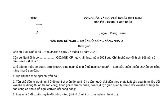 văn bản đề nghị chuyển đổi công năng nhà ở 