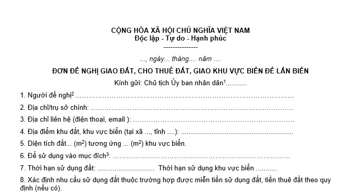 Mẫu đơn đề nghị giao đất, cho thuê đất, giao khu vực biển để lấn biển