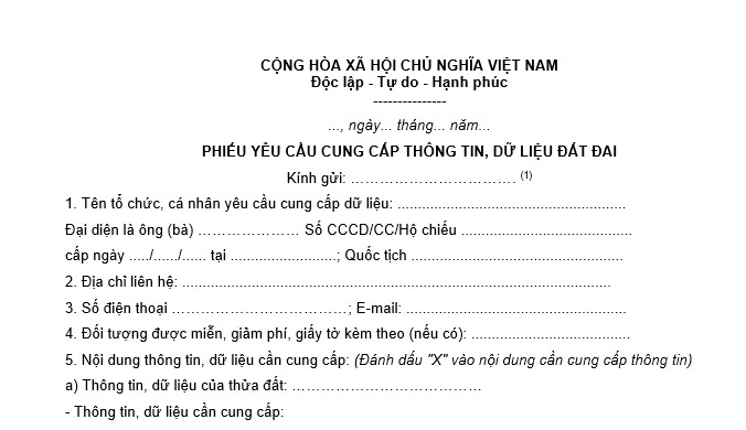 Phiếu yêu cầu cung cấp thông tin, dữ liệu đất đai