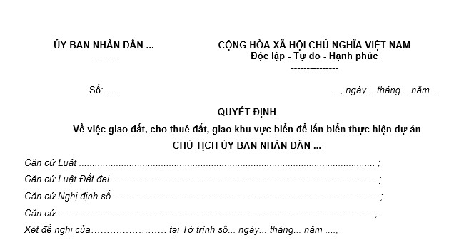 Mẫu Quyết định giao đất, cho thuê đất, giao khu vực biển để lấn biển