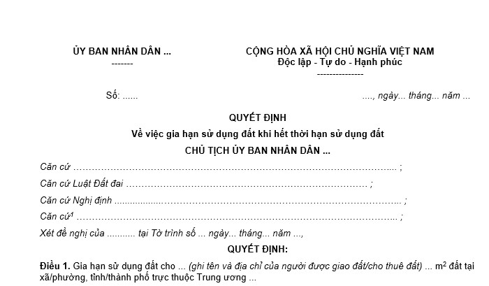 mẫu Quyết định gia hạn sử dụng đất khi hết thời hạn sử dụng đất