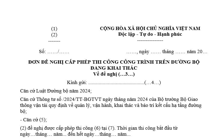 Đơn đề nghị cấp phép thi công công trình trên đường bộ đang khai thác