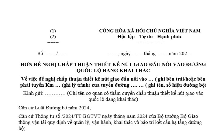 Đơn đề nghị chấp thuận thiết kế nút giao đấu nối vào đường quốc lộ đang khai thác