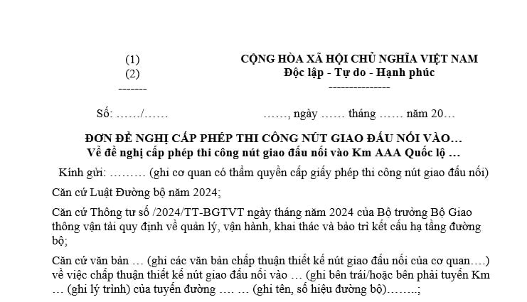 Đơn đề nghị cấp phép thi công nút giao đấu nối vào đường quốc lộ đang khai thác