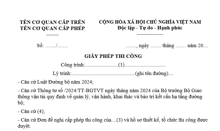 Giấy phép thi công công trình trên đường bộ đang khai thác