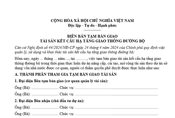 biên bản tạm bàn giao tài sản kết cấu hạ tầng giao thông đường bộ