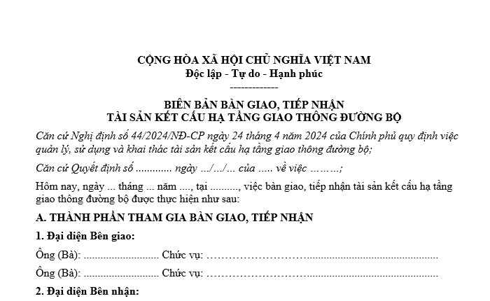 biên bản bàn giao, tiếp nhận tài sản kết cấu hạ tầng giao thông đường bộ