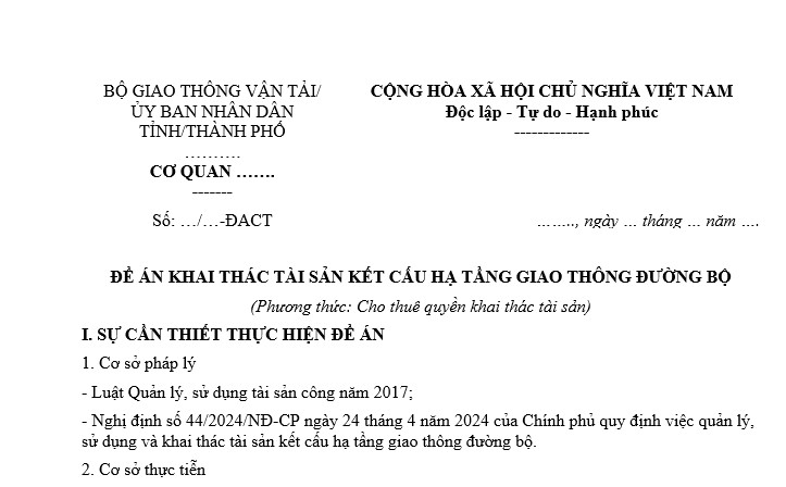 Đề án khai thác tài sản kết cấu hạ tầng giao thông đường bộ theo phương thức cho thuê quyền khai thác tài sả