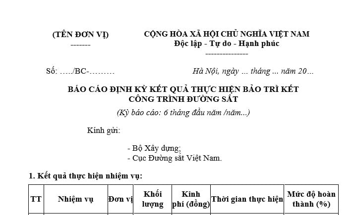 mẫu báo cáo định kỳ kết quả thực hiện bảo trì công trình đường sắt