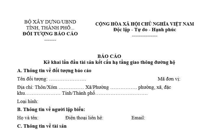 Báo cáo kê khai lần đầu tài sản kết cấu hạ tầng giao thông đường bộ