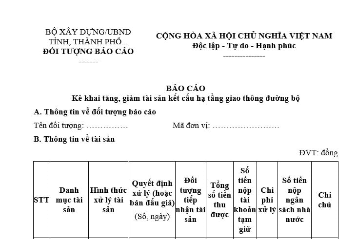 Báo cáo kê khai tăng, giảm tài sản kết cấu hạ tầng giao thông đường bộ