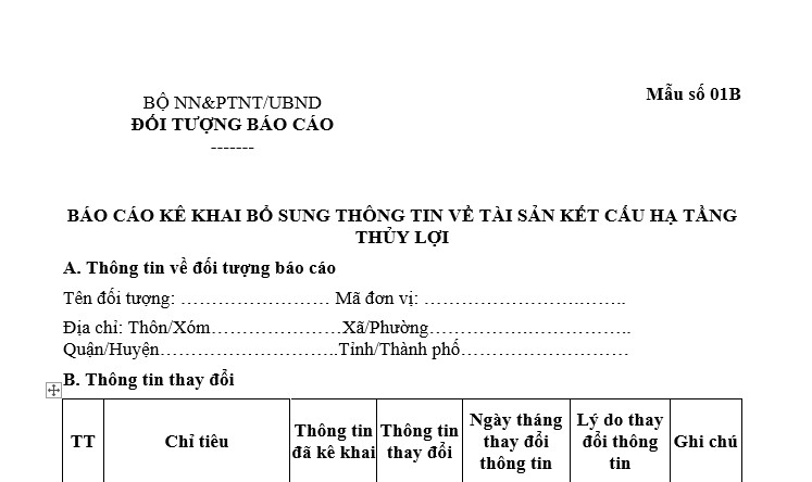 Báo cáo kê khai bổ sung thông tin về tài sản kết cấu hạ tầng thủy lợi