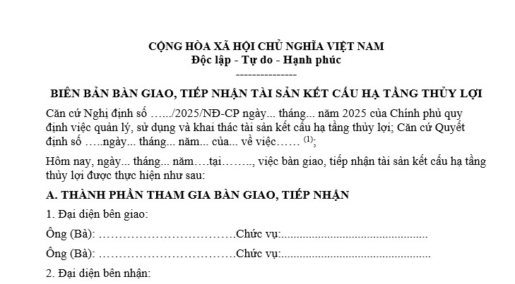 biên bản bàn giao, tiếp nhận tài sản kết cấu hạ tầng thủy lợi