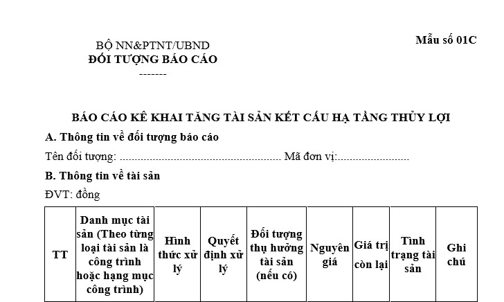 báo cáo kê khai tăng tài sản kết cấu hạ tầng thủy lợi