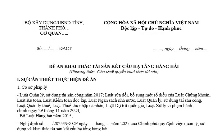 Đề án khai thác tài sản kết cấu hạ tầng hàng hải theo phương thức cho thuê quyền khai thác tài sản