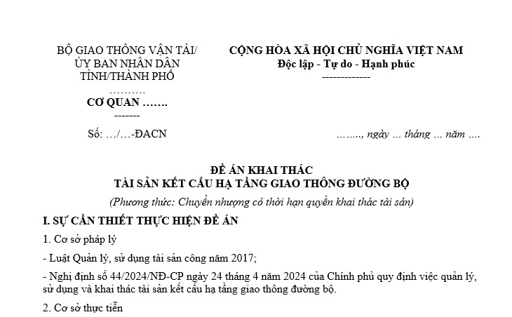 Đề án khai thác tài sản kết cấu hạ tầng giao thông đường bộ phương thức chuyển nhượng có thời hạn quyền khai thác