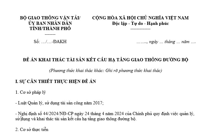 Đề án khai thác tài sản kết cấu hạ tầng giao thông đường bộ theo phương thức khai thác khác