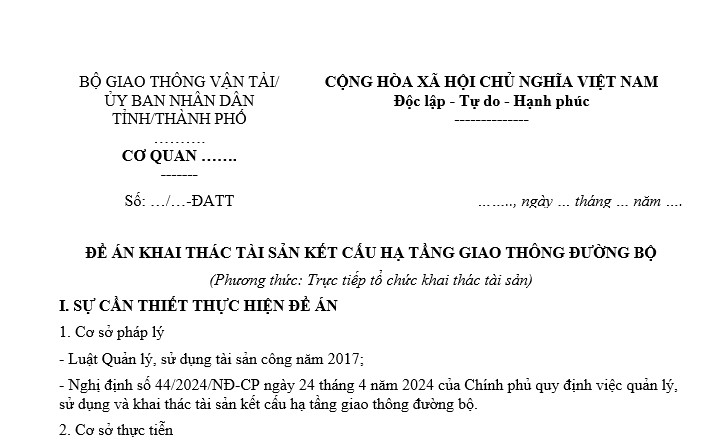 Đề án khai thác tài sản kết cấu hạ tầng giao thông đường bộ theo phương thức trực tiếp tổ chức khai thác tài sản