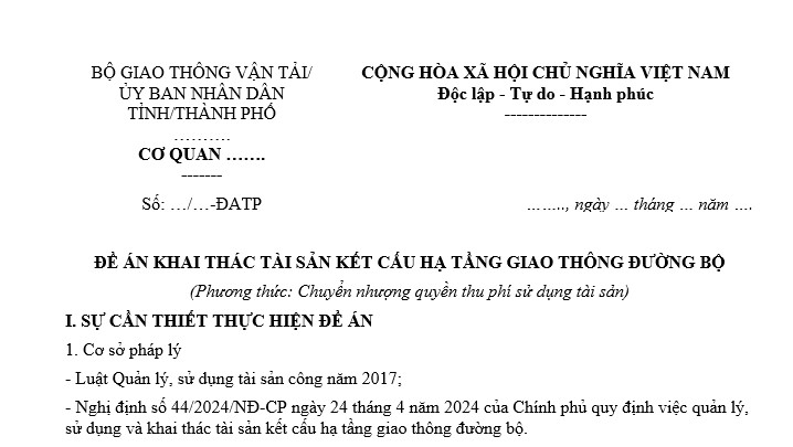 Đề án khai thác tài sản kết cấu hạ tầng giao thông đường bộ phương thức chuyển nhượng quyền thu phí sử dụng tài sản