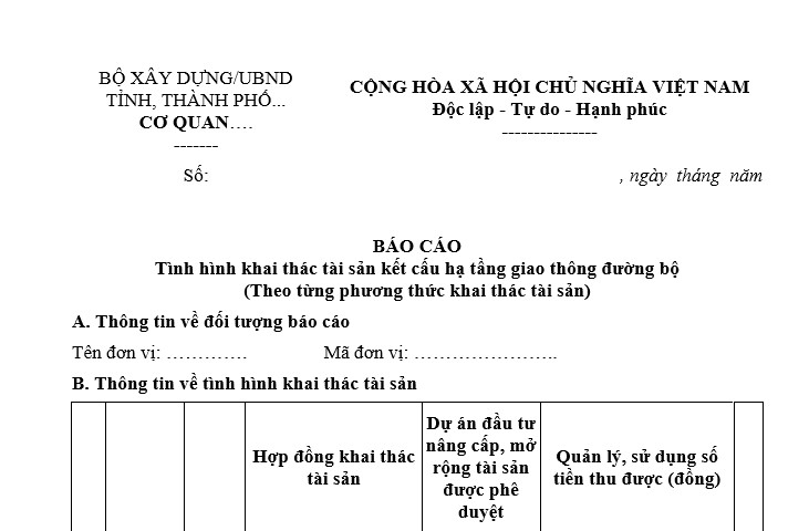 mẫu báo cáo tình hình khai thác tài sản kết cấu hạ tầng giao thông đường bộ