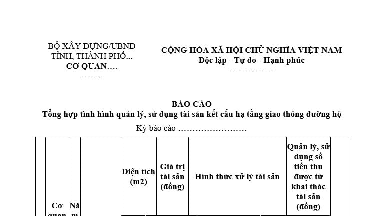 Báo cáo tổng hợp tình hình quản lý, sử dụng tài sản kết cấu hạ tầng giao thông đường bộ