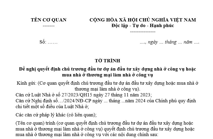 Mẫu tờ trình đề nghị quyết định chủ trương đầu tư dự án đầu tư xây dựng nhà ở công vụ