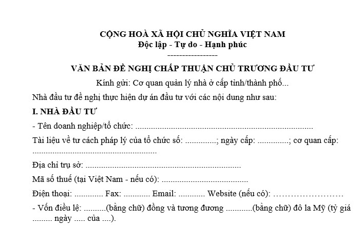 Văn bản đề nghị chấp thuận chủ trương đầu tư dự án đầu tư cải tạo, xây dựng lại nhà chung cư