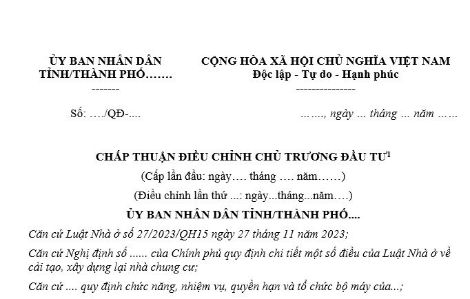 Văn bản chấp thuận điều chỉnh chủ trương đầu tư dự án cải tạo, xây dựng lại nhà chung cư