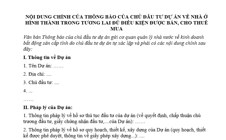 Mẫu nội dung văn bản thông báo nhà ở hình thành trong tương lai đủ điều kiện được bán, cho thuê mua