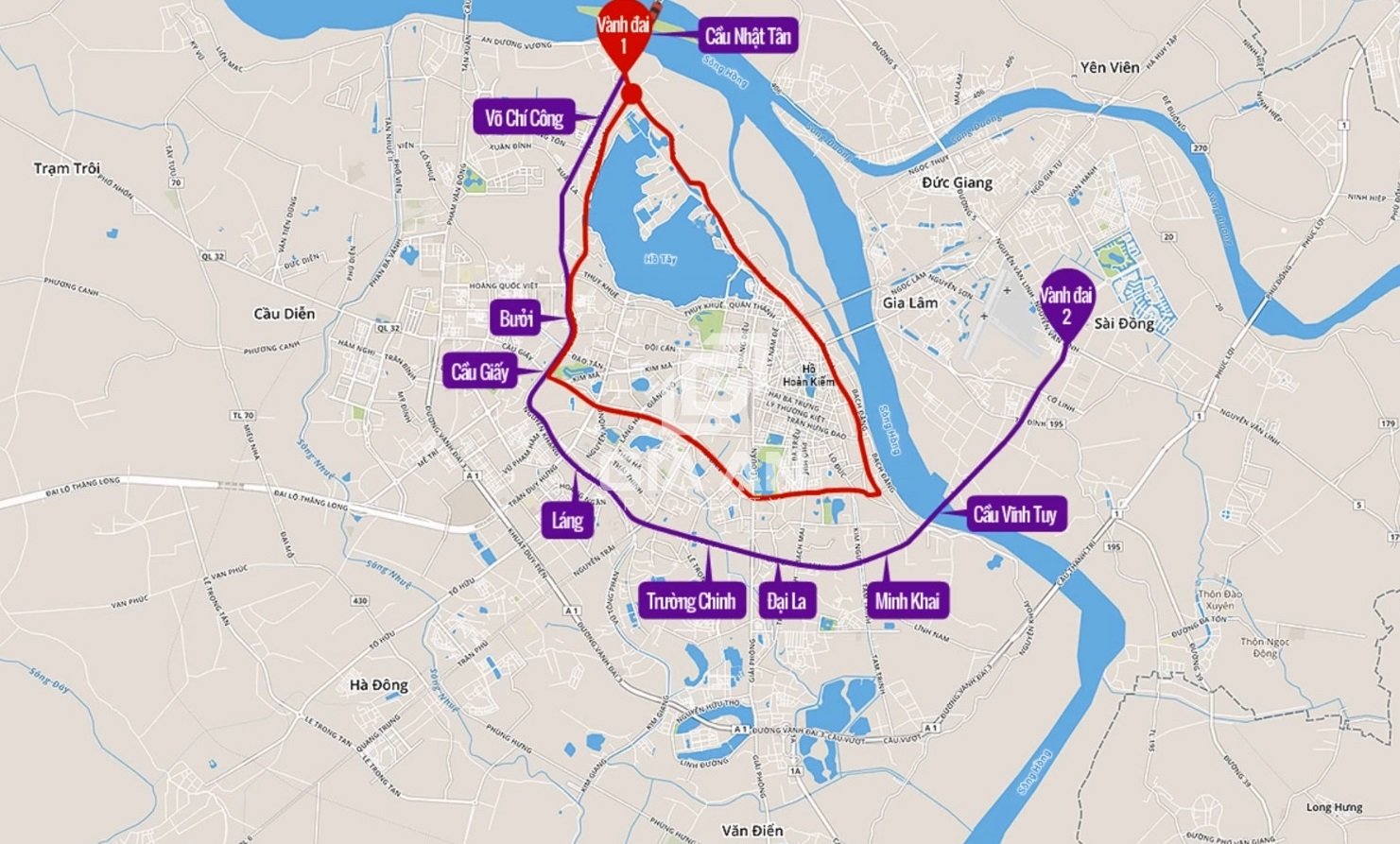 Bản đồ đường Vành đai 2 Hà Nội