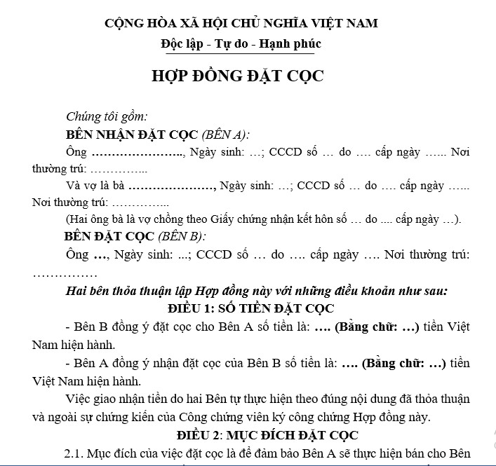 Mẫu đặt cọc nhà chung cư mới nhất 2025 số 2