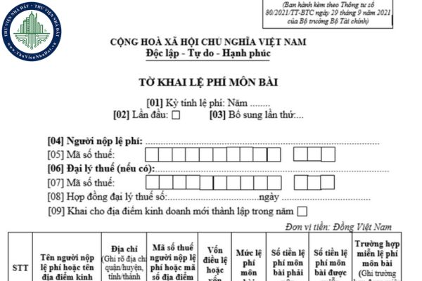 File word mẫu 01/LPMB tờ khai lệ phí môn bài năm 2025 mới nhất theo Thông tư 80?