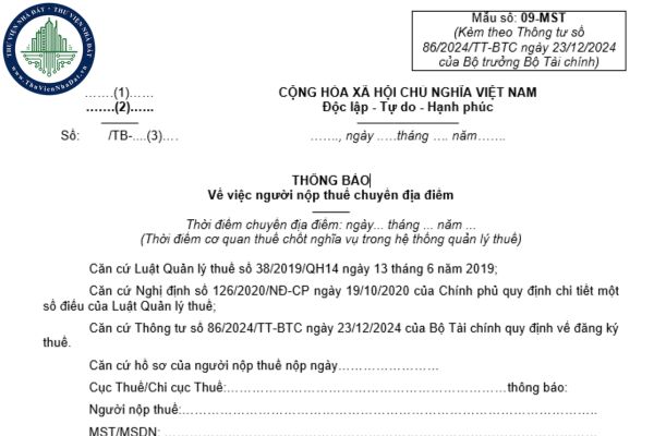 Tải về mẫu 09-MST Thông báo về việc người nộp thuế chuyển địa điểm theo Thông tư 86 ở đâu?